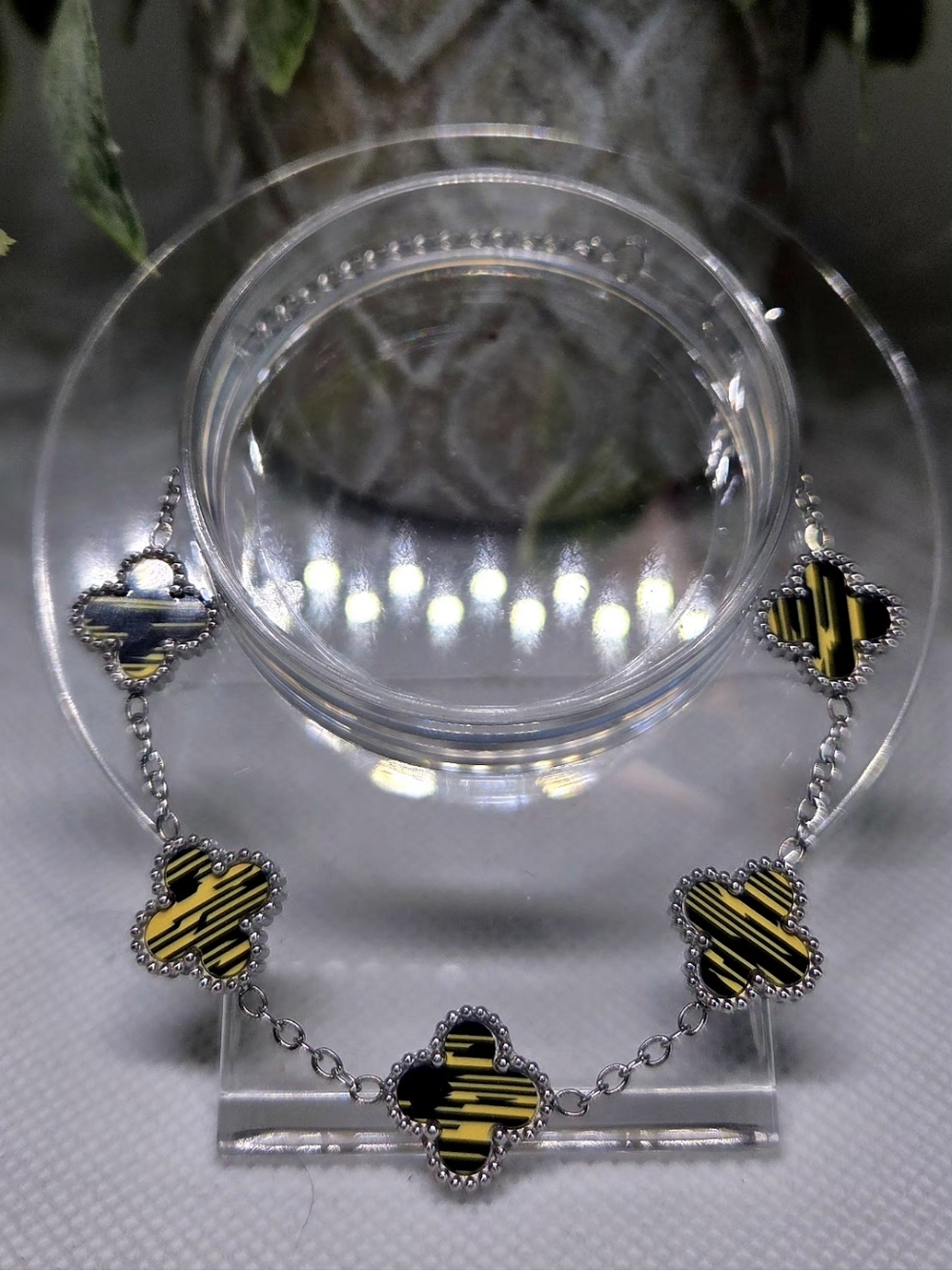 Silver-tone Clover-Link Black and Yellow Enamel Bracelet